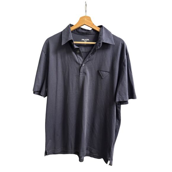 23AW PRADA Distressed Cotton Piqué Short Sleeve Polo Shirt Size M Navy mens...